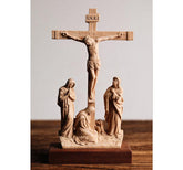 Hand-Carved Wooden Crucifix with Mary and John, 10.8" Catholic Altar Decor