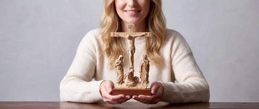 A pretty white woman model holds this hand-carved wooden crucifix statue