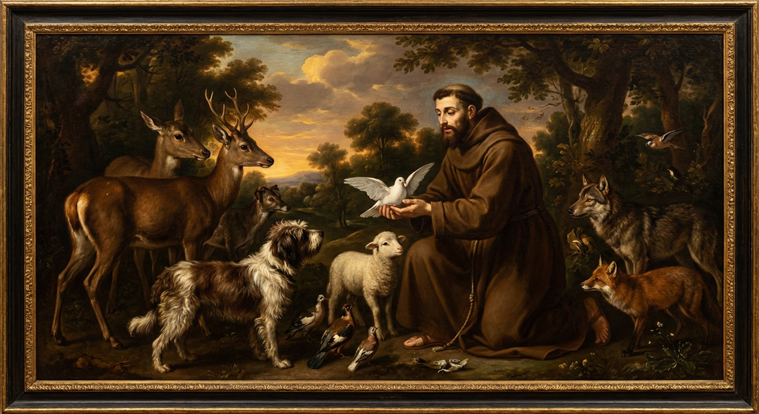 oil painting of ST francis surrounding by animals