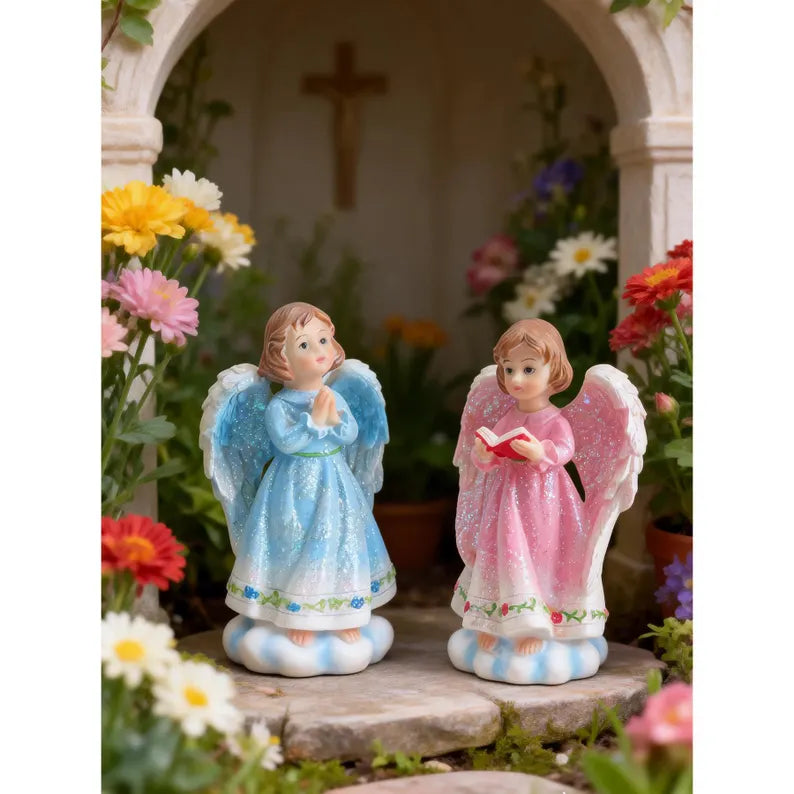 glitter cherub figurines blue and pink angel statue set