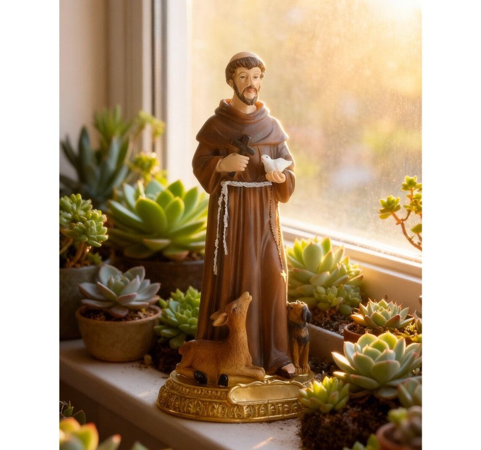 St Francis of Assisi Statue 8.6", Patron of Animals with Dog & Deer, Catholic Saint Figurine, Religious Home Decor, Christian Gift
