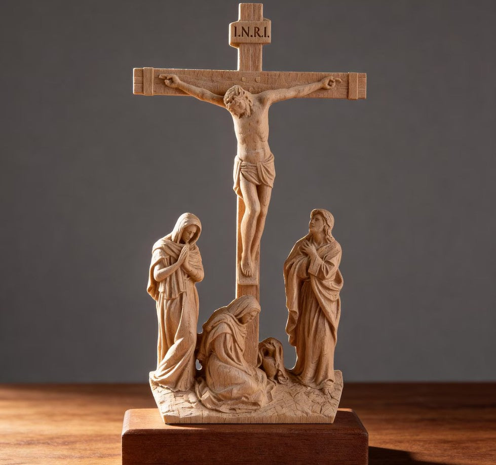 Hand-Carved Wooden Crucifix with Mary and John, 10.8" Catholic Altar Decor