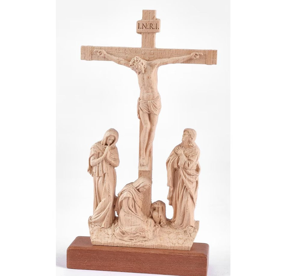 Hand-Carved Wooden Crucifix with Mary and John, 10.8" Catholic Altar Decor