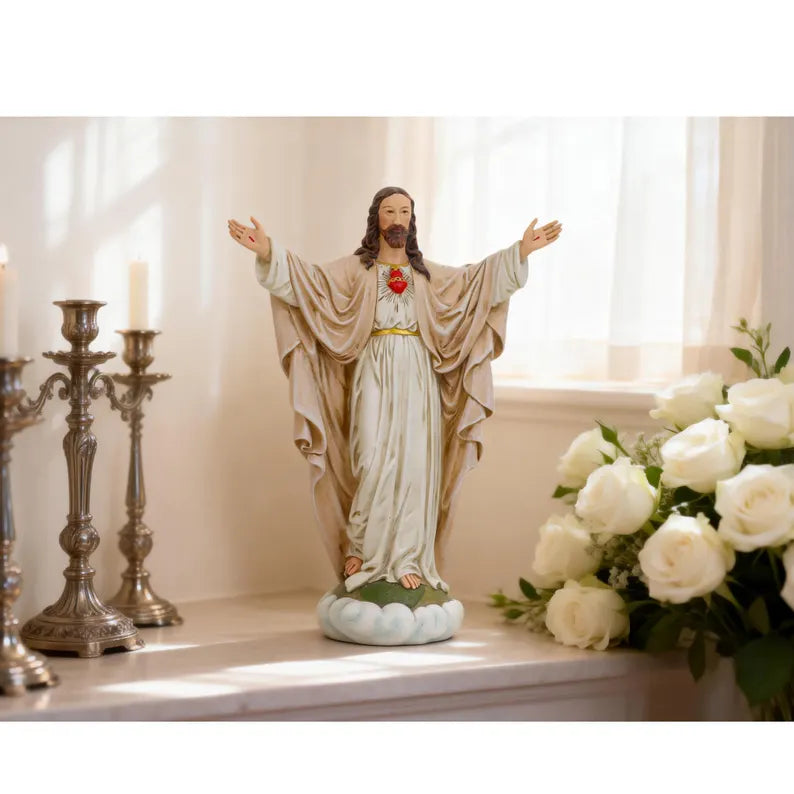 12-handmade sacred heart of jesus statue with flowers and candels