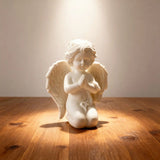 Praying Cherub Angel Statue 5.7", White Resin Baby Guardian Figurine under holy light (display 2)