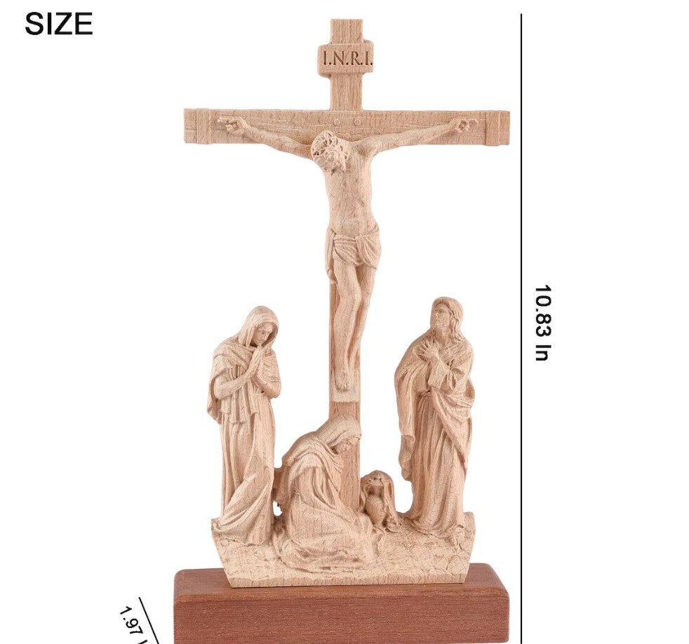 Hand-Carved Wooden Crucifix with Mary and John, 10.8" Catholic Altar Decor