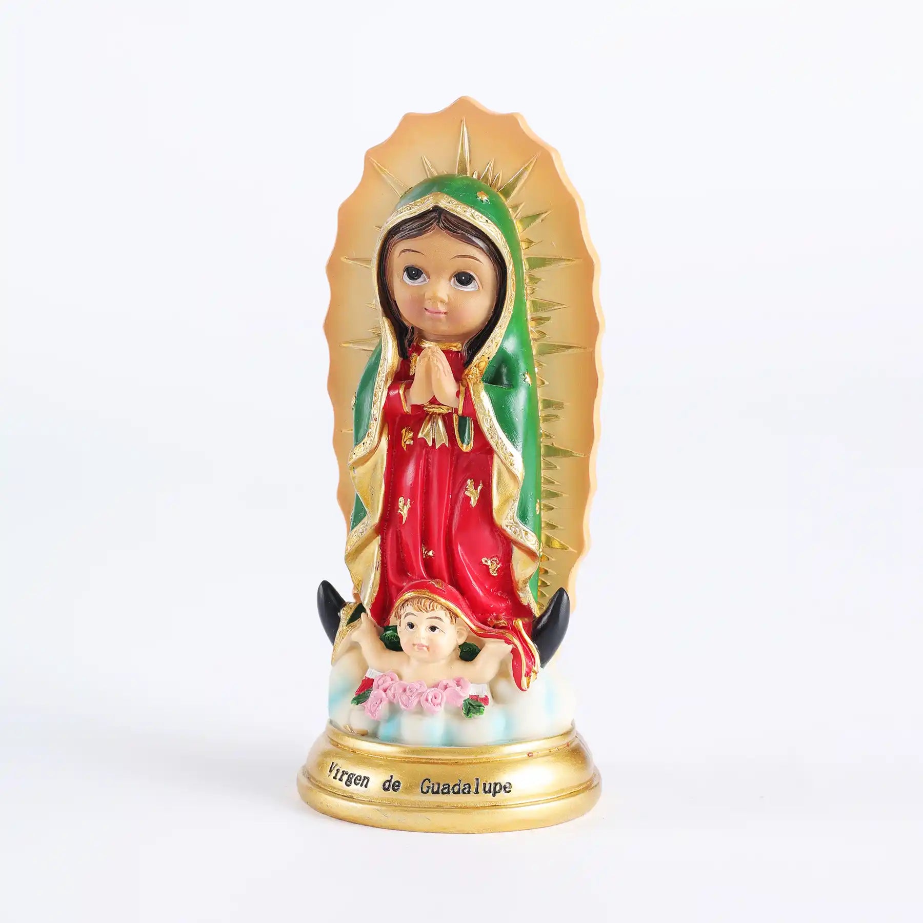 Baby Virgen de Guadalupe Statue 5.7" Handmade Resin Mexican Folk Art, statue front view (9)