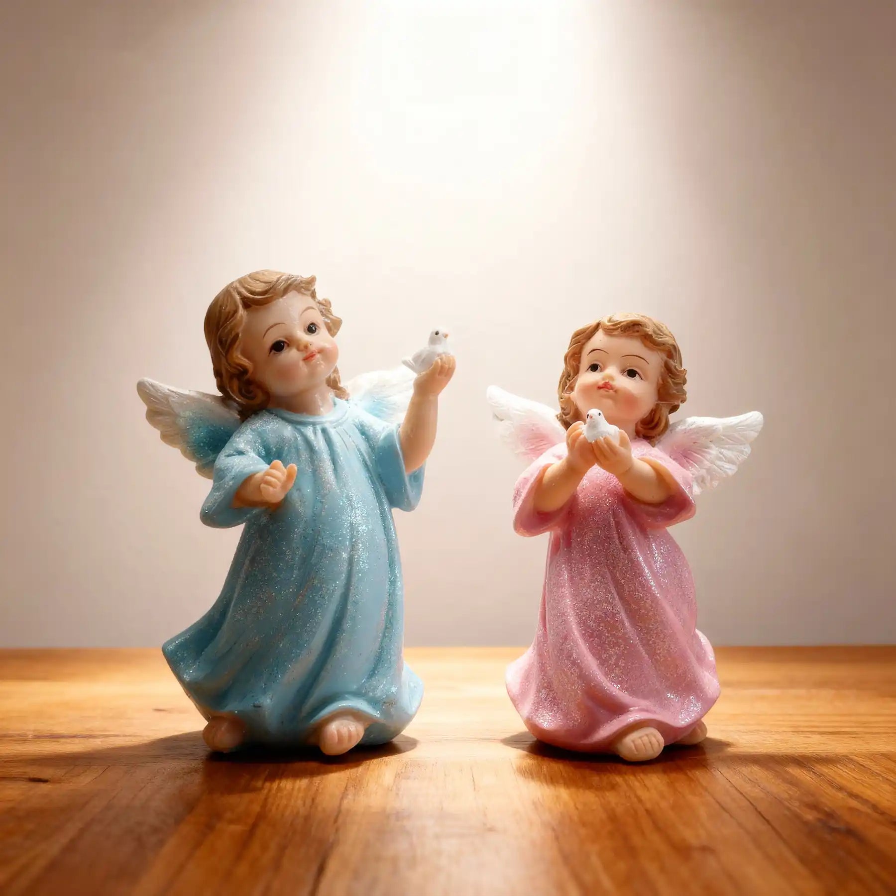 Angel Statue Set of 2 - Blue with Pink Glitter Cherub Figurines with Dove (display 2)