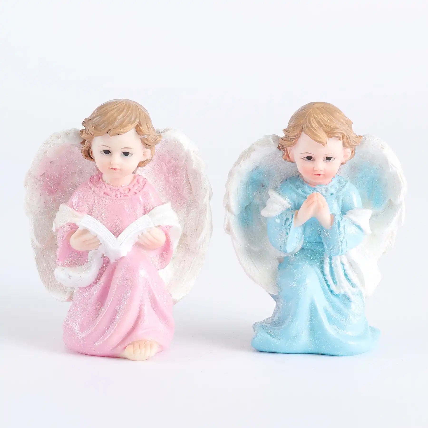 Angel Statue Set of 2 - Pink & Blue Glitter Cherub Figurines Praying & Book-Holding Designs (display 10)