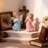 Angel Statue Set of 2 - Blue with Pink Glitter Cherub Figurines with Dove (display 1)