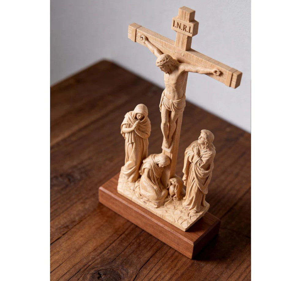 Hand-Carved Wooden Crucifix with Mary and John, 10.8" Catholic Altar Decor