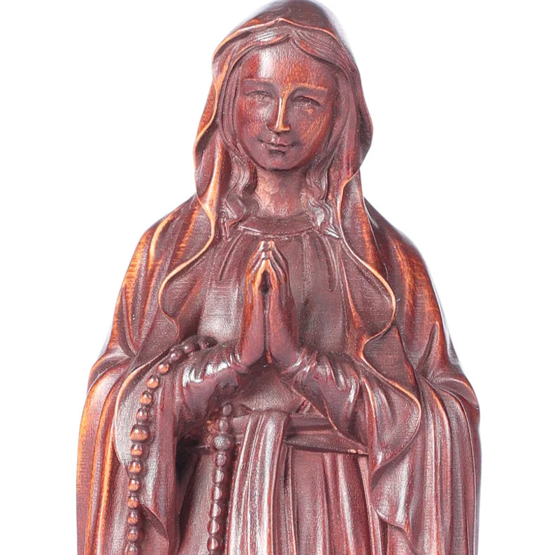 4-hand-carved boxwood our lady of loudres statue texture close view