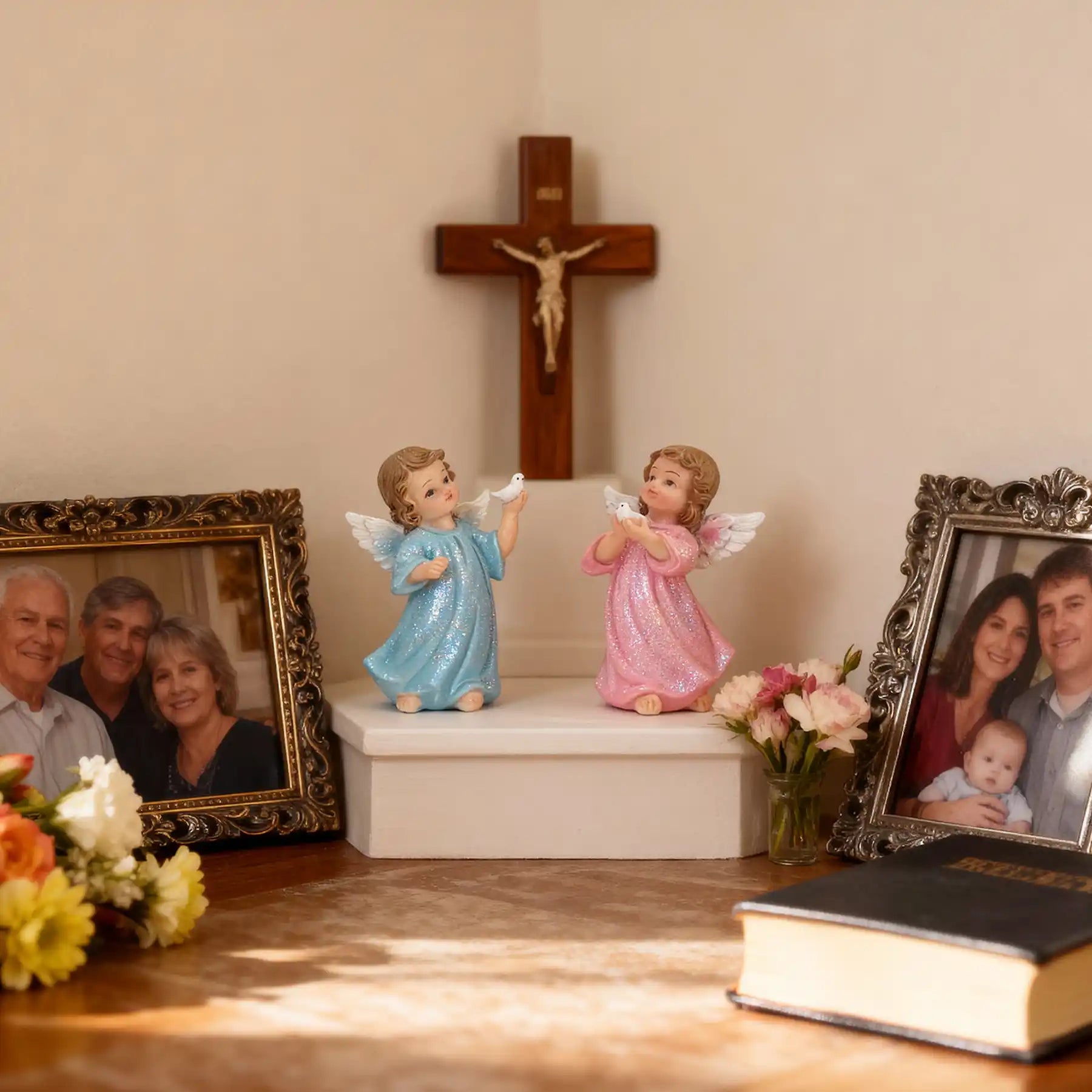 Angel Statue Set of 2 - Blue with Pink Glitter Cherub Figurines with Dove (display 3)
