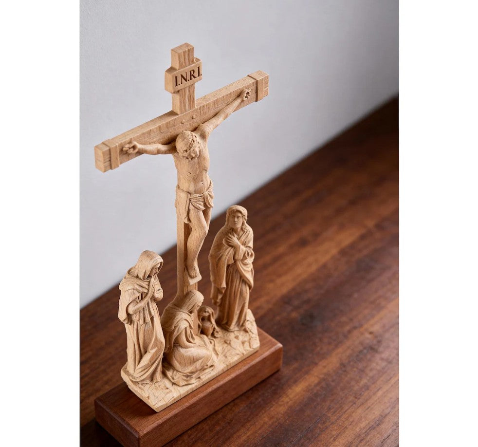 Hand-Carved Wooden Crucifix with Mary and John, 10.8" Catholic Altar Decor