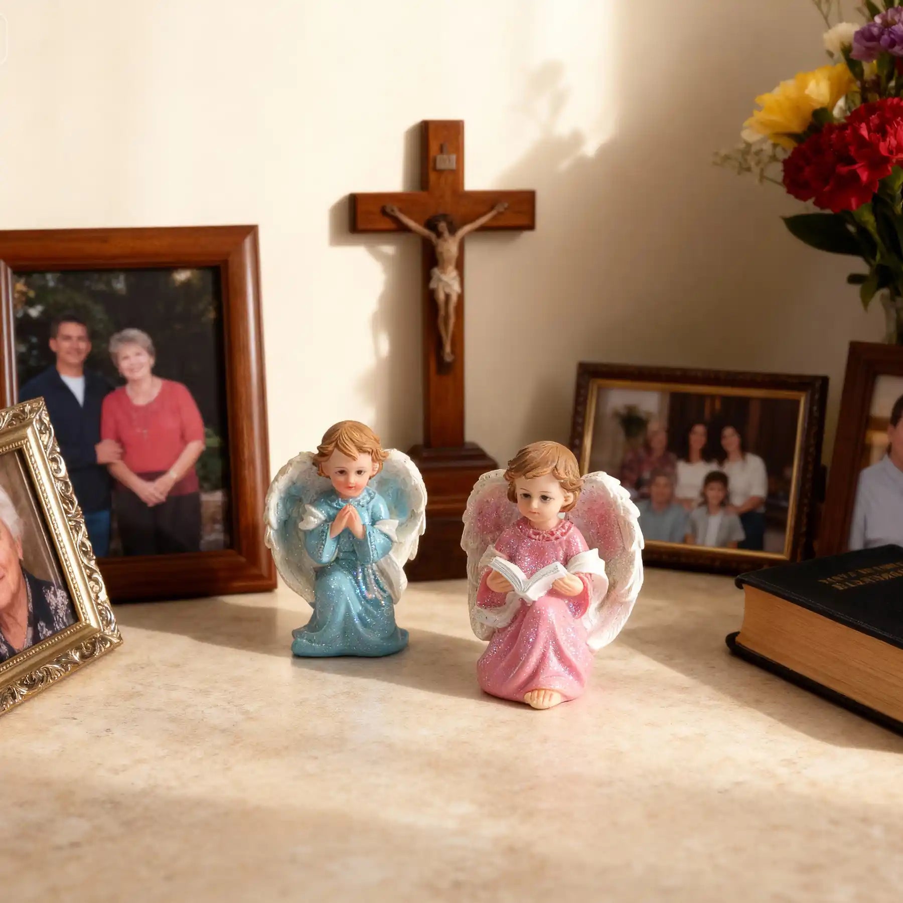 Angel Statue Set of 2 - Pink with Blue Glitter Cherub Figurines Praying & Book-Holding Designs (display 5)