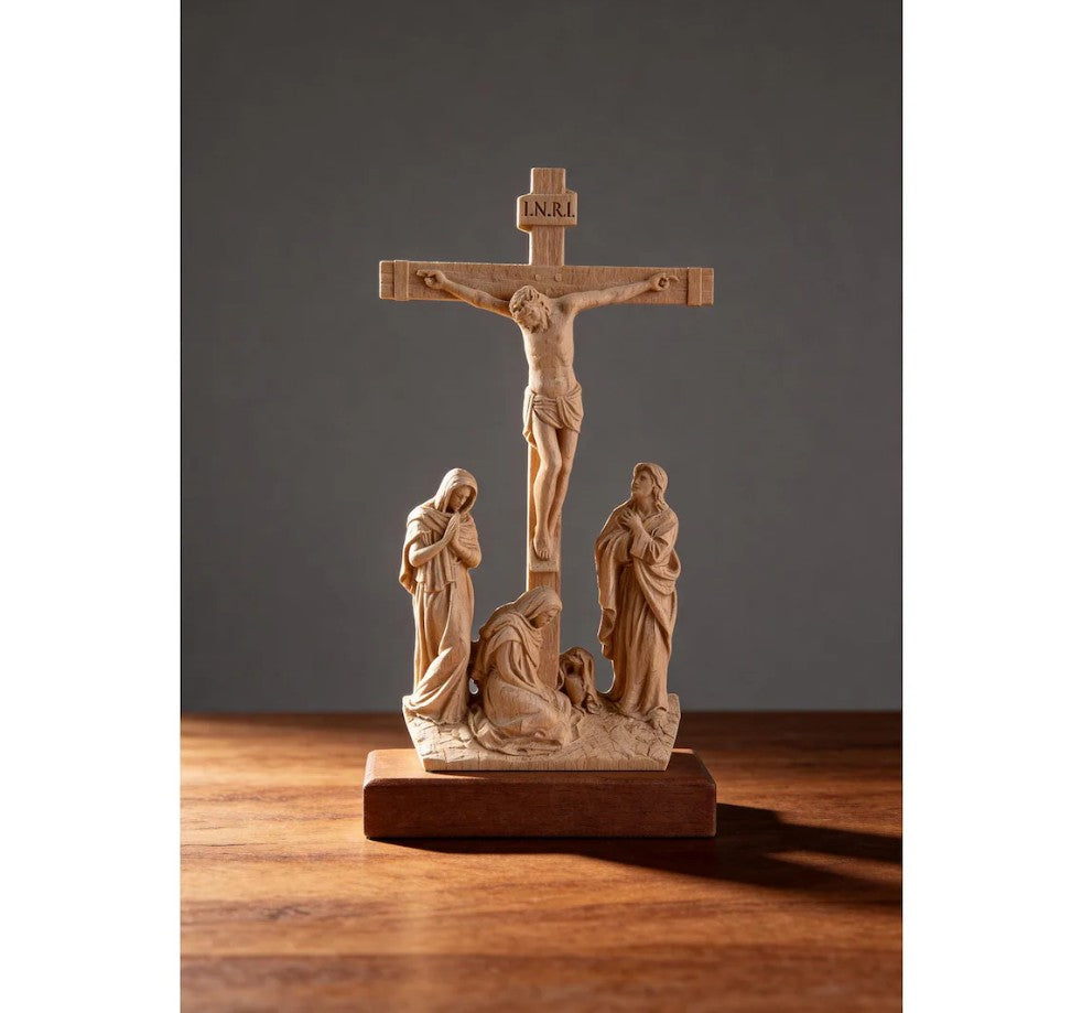 Hand-Carved Wooden Crucifix with Mary and John, 10.8" Catholic Altar Decor