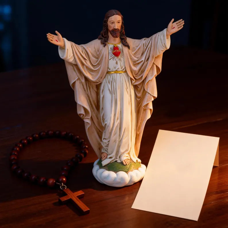 8-handmade sacred heart of jesus statue on wooden table dark atmosphere