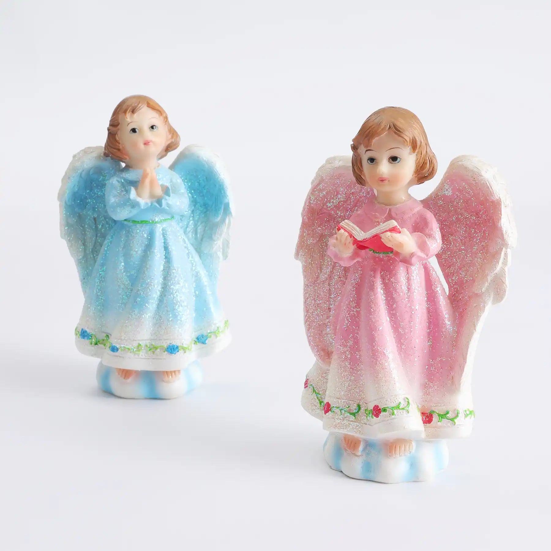2-Pack Angel Statue Set 5.43" - Pink  & Blue Glitter Cherub Figurines Praying with Book-Holding Designs (display 10)