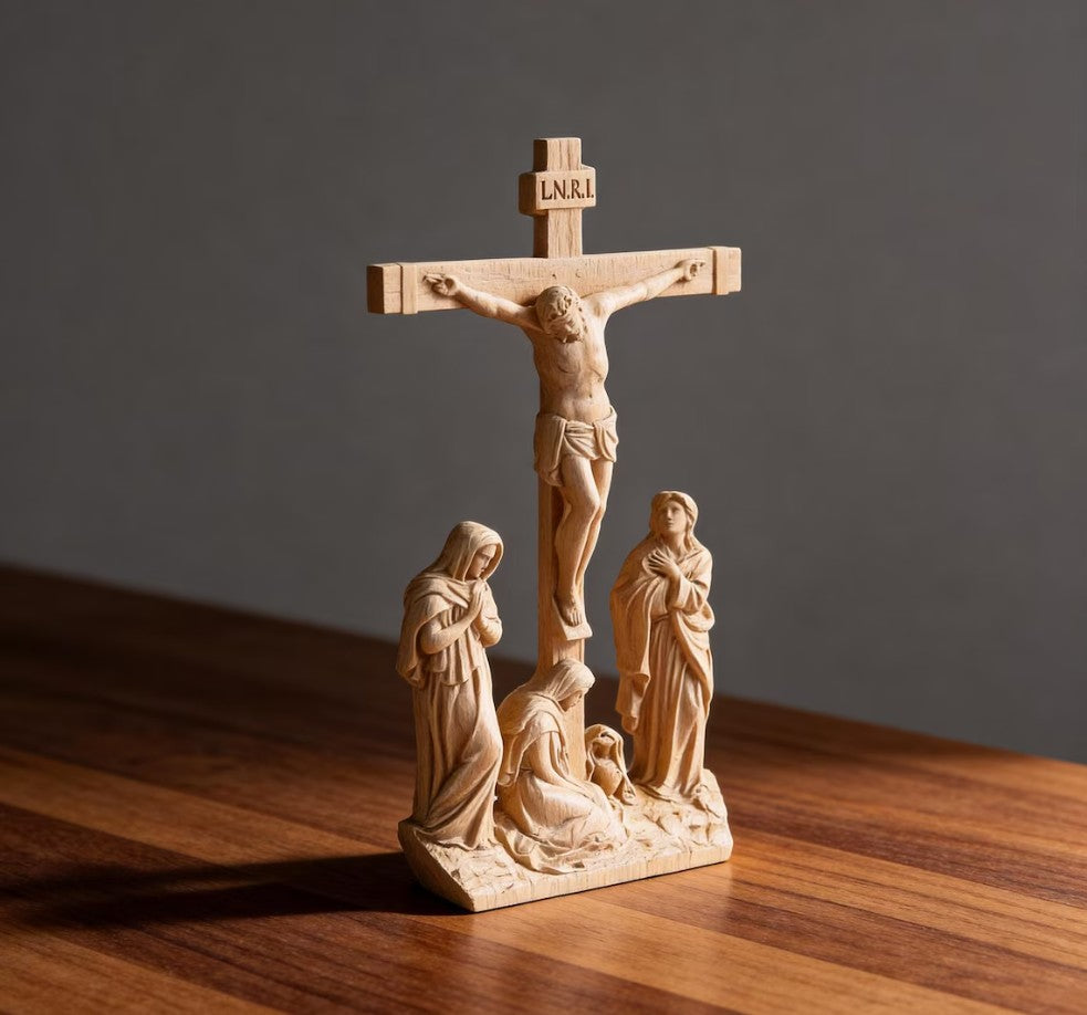 Hand-Carved Wooden Crucifix with Mary and John, 10.8" Catholic Altar Decor