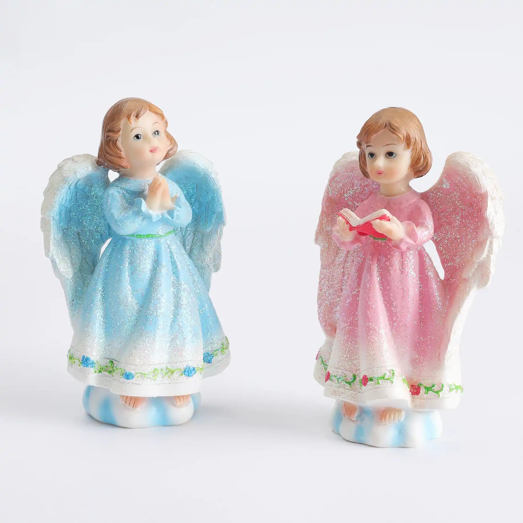 2-Pack Angel Statue Set 5.43" - Pink & Blue Glitter Cherub Figurines Praying with Book-Holding Designs (display 10)