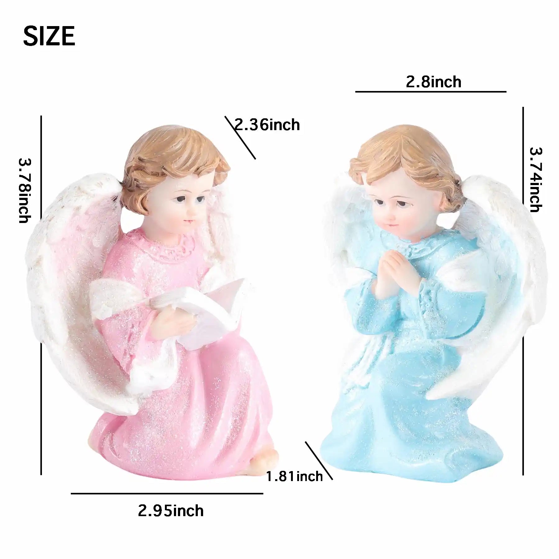 Angel Statue Set of 2 - Pink with Blue Glitter Cherub Figurines Praying & Book-Holding Designs, statue dimensioning (display 7)