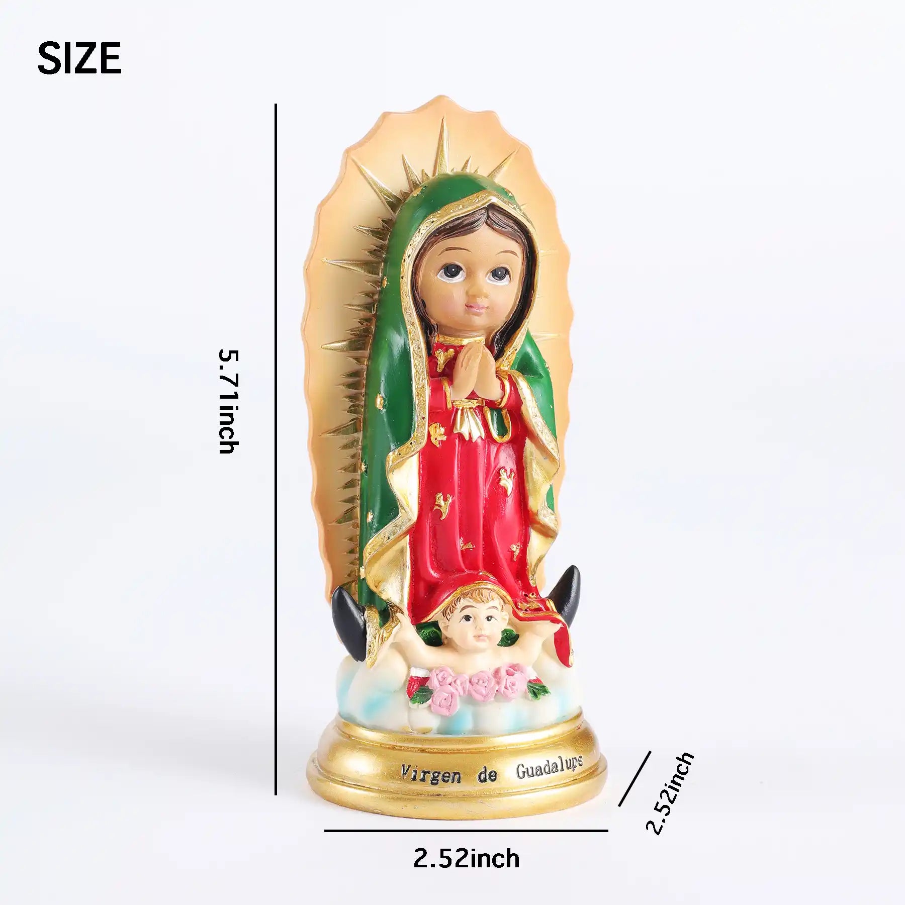 Baby Virgen de Guadalupe Statue 5.7" Handmade Resin Mexican Folk Art, statue size indication (6)