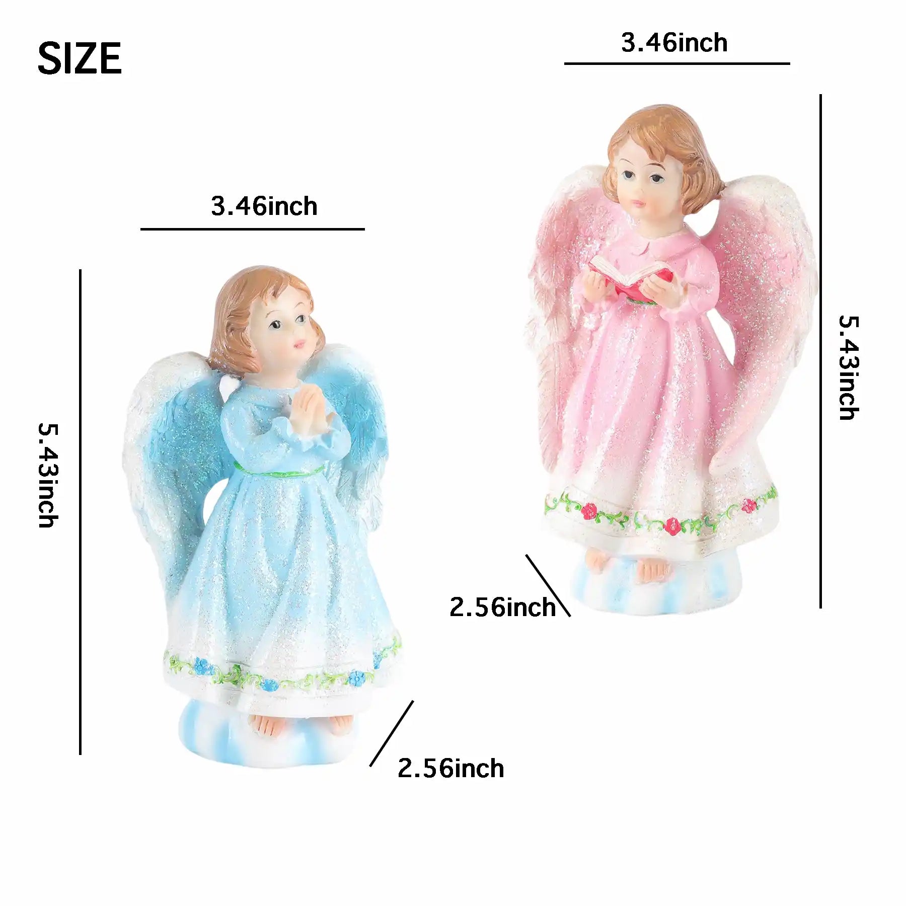 2-Pack Angel Statue Set 5.43" size indication - Blue & Pink Glitter Cherub Figurines Praying with Book-Holding Designs (display 3)