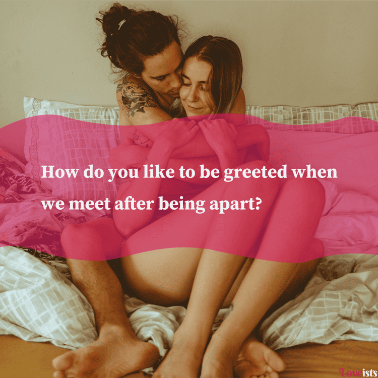 boy hugging and kissing girl on bed image with a spicy question for boyfriend.